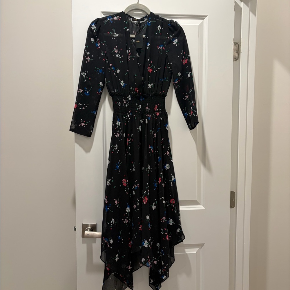 Maje Black Asymmetrical Dress with Floral Print